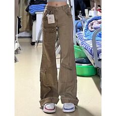 批发胖mm大码美式纽扣设计感工装裤女秋季潮牌高级感宽松直筒休闲长裤