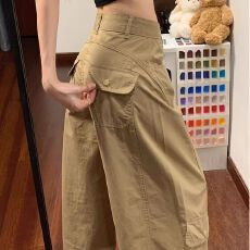 批发胖mm大码秋冬新款美式潮牌工装裤男女同款新款皱感口袋直筒休闲裤