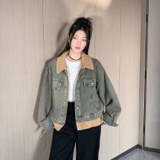 批发美式复古撞色加绒牛仔外套女学生新款针织拼接假两件短外套宽松潮