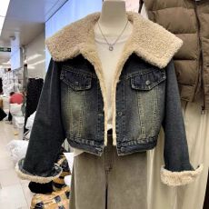 批发羊羔毛大翻领牛仔棉<b class='q'>衣外套</b>女小个子冬季保暖高腰短款加绒夹克棉服