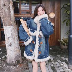 批发2025冬新款加厚加绒牛角扣牛仔拼接羊羔毛棉服外套女<b class='q'>通勤</b>保暖棉衣