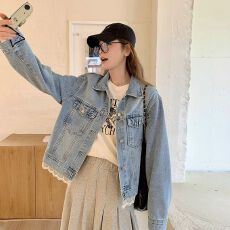 批发蓝色<b class='q'>韩版</b>小清新蕾丝拼接花边牛仔外套女2025秋季新款时尚百搭夹克