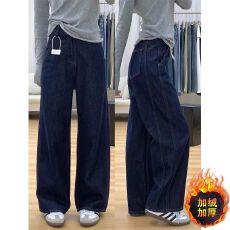 批发胖mm大码冬季加绒加厚深蓝色牛仔阔腿裤女高腰休闲秋冬2025新款