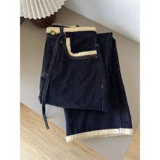 批发胖MM大码加绒加厚深蓝牛仔裤女冬季宽松高腰显瘦直筒阔腿拖地裤子