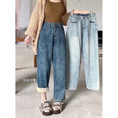 批发2025年冬款冬季加绒加厚牛仔裤女秋冬韩版直筒休闲阔腿裤胖mm大码