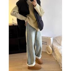批发胖mm大码加绒加厚牛仔裤女冬季梨形宽松高腰超显瘦直筒阔腿裤子