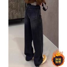 批发大码复古黑色加绒牛仔裤女秋冬胖mm梨形身材高腰显瘦直筒阔腿裤子
