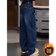 批发大码复古弯刀加绒牛仔裤女秋冬胖mm梨形身材高腰显瘦直筒阔腿裤子