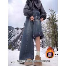 批发大码加绒加厚牛仔裤女冬季胖mm梨形身材宽松高腰显瘦直筒阔腿裤子