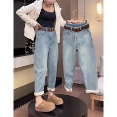 批发胖MM大码加绒加厚直筒牛仔裤女冬宽松高腰显瘦老爹哈伦九分裤子