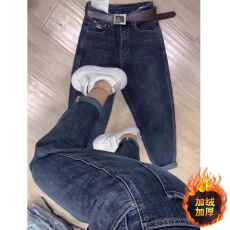 批发冬季加绒加厚牛仔裤女秋冬胖mm大码新款高腰显瘦老爹哈伦九分裤子