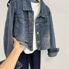 批发复古蓝色<b class='q'>牛仔</b>外套女春秋2025新款港风小个子宽松显瘦短款夹克上衣