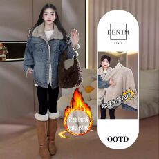 批发欧货加绒时尚羊羔加厚牛仔新款棉衣外套冬季宽松洋气棉服保暖<b class='q'>百搭</b>