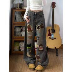 批发美式重工卡通贴补刺绣直筒<b class='q'>牛仔裤</b><b class='q'>女</b>秋冬阔腿裤高腰<b class='q'>显瘦</b>拖地裤大码