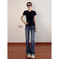 批发美式复古低腰微喇<b class='q'>牛仔裤</b><b class='q'>女</b>2025秋冬加绒弹力显瘦窄版直筒拖地裤子