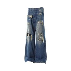 批发美式炸街破洞<b class='q'>牛仔裤</b>春秋新款梨形身材高腰宽松洗水<b class='q'>直筒</b>阔腿裤