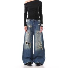 批发破坏补丁做旧水洗牛仔女小众设计感韩版宽松<b class='q'>休闲</b>百搭破洞长裤子