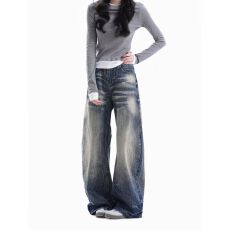 美式复古水洗做旧直筒牛仔裤女春秋新款高腰宽松显瘦阔腿拖地长裤