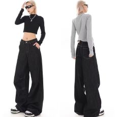 批发美式复古黑色阔腿牛仔裤子女秋冬<b class='q'>新款</b>美式宽松显瘦高腰直筒阔腿裤