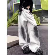 批发高级感晕染涂鸦白色牛仔裤女春秋季<b class='q'>新款</b>大码胖mm宽松减龄直筒裤