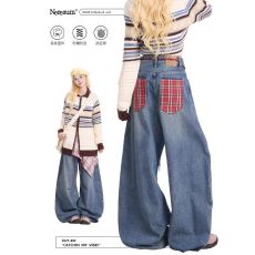 批发【配腰绳】复古拼接设计感阔腿牛仔裤女<b class='q'>新款</b>假两件格子宽松弯刀裤