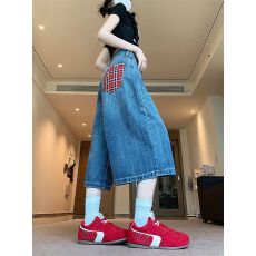 批发美式复古<b class='q'>格子</b>拼接牛仔短<b class='q'>裤</b>女夏高腰韩版宽松显瘦百搭