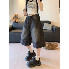 批发美式复古高街水洗做旧牛仔男女夏<b class='q'>韩版</b>直筒阔腿休闲短裤