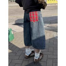 批发美式复古<b class='q'>格子</b>拼接牛仔七分<b class='q'>裤</b>女夏季高街设计感直筒宽松阔腿短<b class='q'>裤</b>子