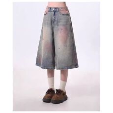 批发韩版牛仔短裤女夏季<b class='q'>新款</b>美式街头脏染水洗做旧设计宽松七分裤