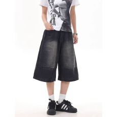 批发美式复古高街水洗做旧牛仔<b class='q'>七分裤</b><b class='q'>男</b>女夏季韩版直筒阔腿休闲<b class='q'>短裤</b>