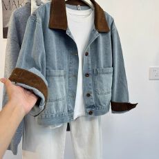 批发撞色<b class='q'>翻领</b>牛仔短外套女秋季新款韩里韩气灯芯绒拼接休闲夹克上衣