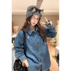 批发港风复古刺绣小狗<b class='q'>翻领</b>开衫牛仔衬衫设计感洋气百搭时尚薄款上衣潮