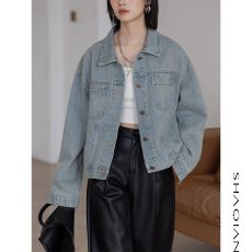 批发复古浅蓝色牛仔外套女2026<b class='q'>秋</b>季新款韩版宽松纯棉春<b class='q'>秋</b>休闲夹克上衣
