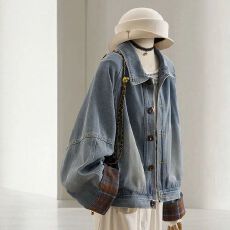 批发美式复古高级感格纹拼接牛仔外套女春秋宽松bf慵懒风休闲夹克上衣