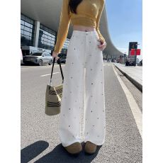 批发韩系小花刺绣窄版直筒牛仔裤女春季胖mm大码高腰显瘦小个子阔腿裤