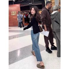 批发大码复古蓝色九分<b class='q'>牛仔裤</b>女春款胖mm<b class='q'>韩版</b>宽松高腰显瘦直筒阔腿裤子