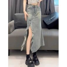 批发大码复古<b class='q'>牛仔</b>半身裙女夏季胖mm高腰显瘦中长款开叉a字包臀鱼尾裙