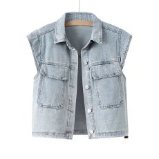 批发2026新款复古时尚设计牛仔马甲女春秋宽松休闲口袋短款坎肩外套女