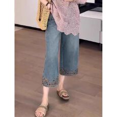 批发胖mm大码复古蓝色八分牛仔裤女夏季薄款宽松<b class='q'>高腰</b>显瘦直筒阔腿裤子