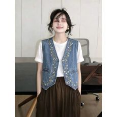 批发韩系法式复古刺绣牛仔<b class='q'>马甲女</b>夏新款V领无袖时尚百搭叠穿背心马夹