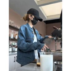 批发美式复古蓝色肌理感牛仔小香风外套女春秋宽松高级感立领夹克上衣