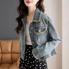 批发韩版时尚设计感短款复古毛边牛仔外套女春秋宽松显瘦<b class='q'>百搭</b>长袖上衣
