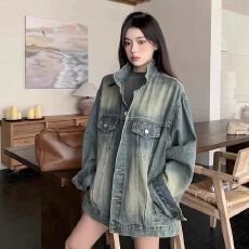 批发高街美式复古水洗做旧牛仔外套女春<b class='q'>秋</b>宽松oversize夹克上衣