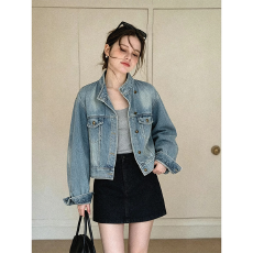 批发韩版复古立领牛仔夹克外套女春秋新款百搭休闲显瘦上衣<b class='q'>通勤</b>风