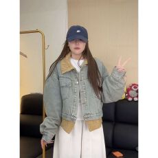 批发美式复古羊羔绒加厚<b class='q'>牛仔</b>外套女冬季小个子短款加绒保暖夹克上衣潮
