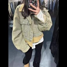 批发秋冬季加绒加厚慵懒复古风撞色牛仔外套翻领高级休闲夹克棉衣上衣