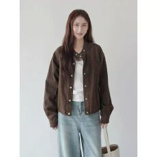 批发2026秋季复古立领长袖休闲牛仔外套女短款宽松纽扣双口袋外套上衣