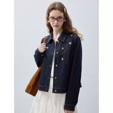 批发深蓝色刺绣正肩牛仔外套女2026秋季新款复古水洗宽松百搭夹克上衣