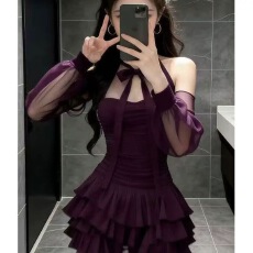 批发轻奢时尚气质高级千金风圆领挂脖露肩网纱褶皱长袖收腰连衣裙