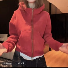 批发周末出逃秋冬新款美式复古重磅加绒连帽卫衣外套女